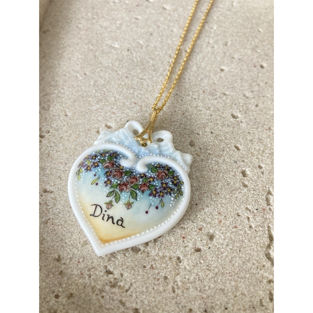 Vintage‎ Hand Painted Pendant Necklace Name Dina Porcelain Florals Pat Mehaffy